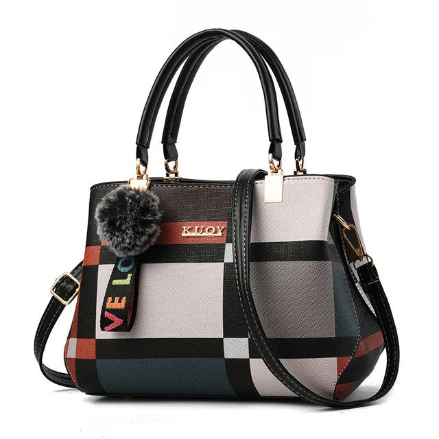 New Luxury Women’s Stitching Messenger Bag | Sophisticated Designer Brand Plaid Shoulder Bag | Elegant Patchwork Satchel Tote | Fashion-Forward PU Leather Handbag with "Dignified" Fur Decoration Luxegan