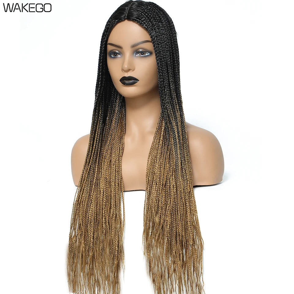 Wakego Black Braided African Wig Handmade Box Braids Wig Natural Synthetic Braiding Hair Wigs For All Women Peluca Con Trenzas Luxegan