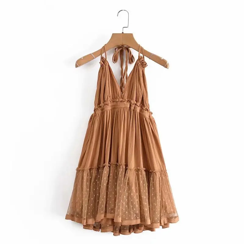 Solid Casual Lace-Detailed V-Neck Spaghetti Strap Sleeveless Regular Fit A-Line Mini Dress – Medium-Stretch Viscose Brocade, Empire Waist, Summer Luxegan