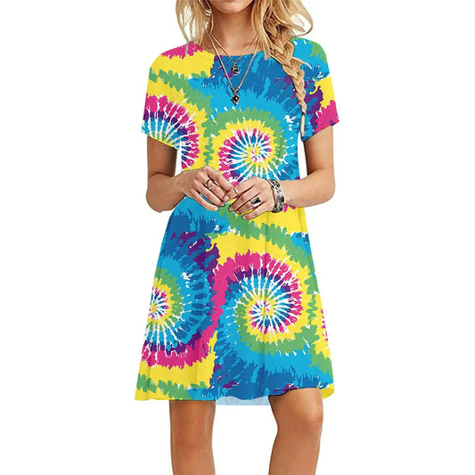 Casual Short Sleeve T-Shirt Dress | Vintage O-Neck Graphic Print Sundress | Elegant Simple Loose Fit A-Line Mini Dress | Premium Cotton Blend Summer Streetwear Model DR077 Luxegan