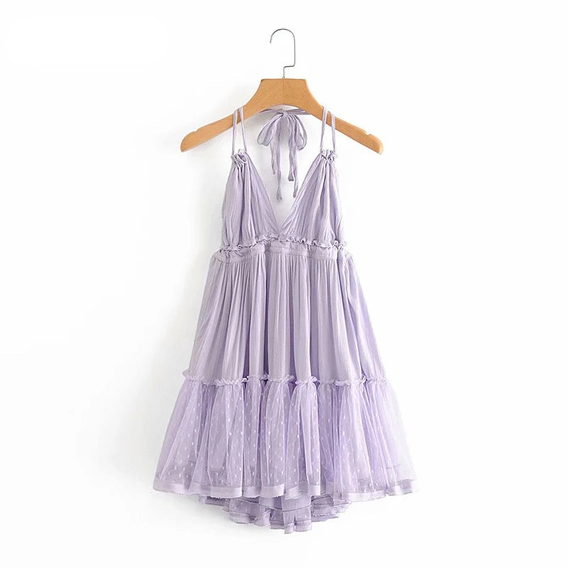 Solid Casual Lace-Detailed V-Neck Spaghetti Strap Sleeveless Regular Fit A-Line Mini Dress – Medium-Stretch Viscose Brocade, Empire Waist, Summer Luxegan