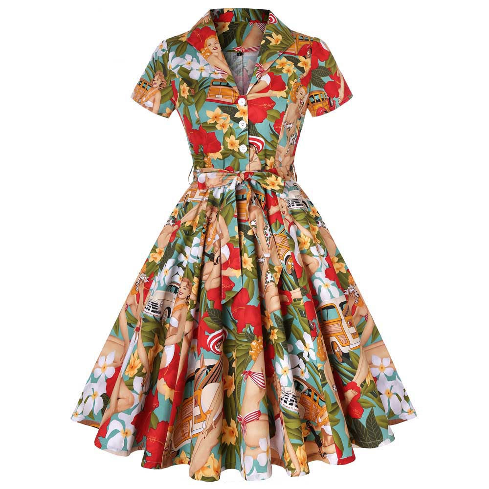 Hepburn Style Lemon Printed Vintage Dresses 1950s 60s Office 2025 Turn Down Collar Short Sleeve Tunic A-Line Belted Cotton Dress