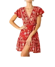 Print V-Neck Butterfly Sleeve Ruffle Regular Fit A-Line Mini Dress – Natural Waist, Chiffon, Summer Luxegan