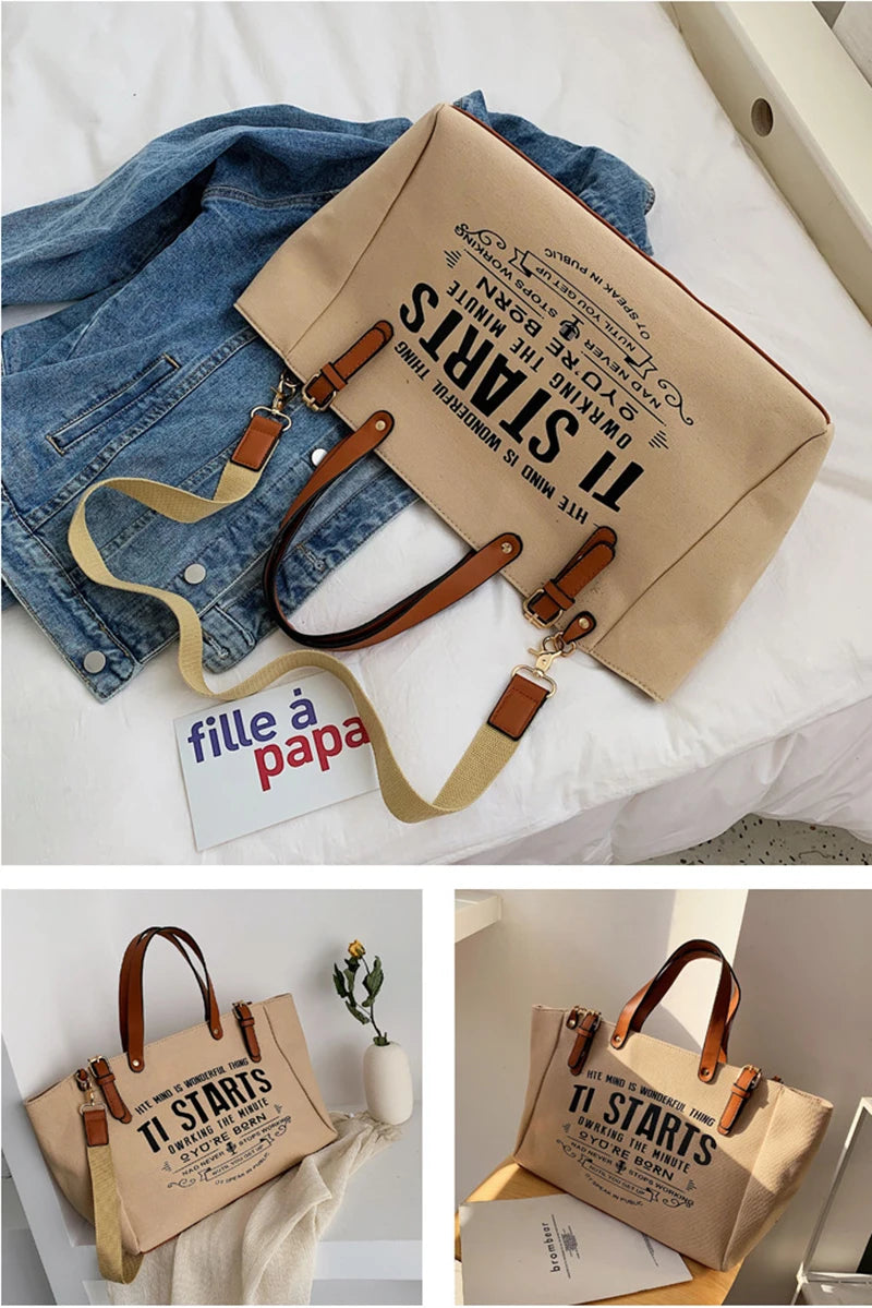 Casual Letter Design Canvas Tote | Soft Large Capacity Shoulder Bag Luxegan