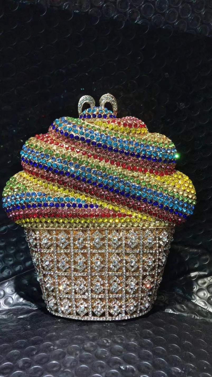 Luxury Crystal Ice Cream Evening Clutch | Sophisticated Diamond-Encrusted Cupcake Bag | Elegant Gold & Silver Wedding Party Prom Purse | "Dignified" Bespoke Handbag with Chain Strap Luxegan