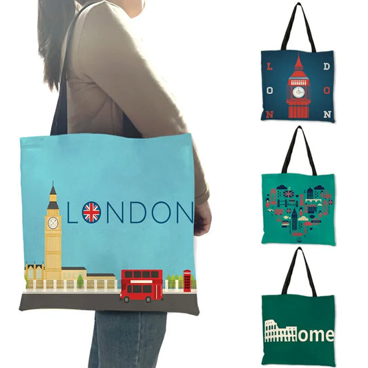 High Quality Linen Shoulder Bag | London Big Ben Tower & Rome Print Tote Bag (Fashion Ladies Casual Beach Shopping Handbag) Luxegan