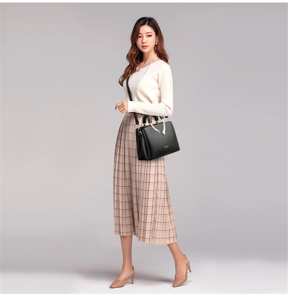 High-Quality Microfiber Leather Casual Tote | Luxury Designer Handbag for Women | Sophisticated Shoulder & Crossbody Bag | Elegant Solid Color Satchel with Smart Partitioning Luxegan