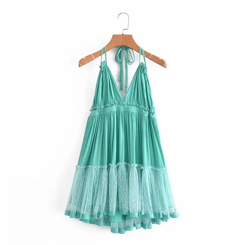 Solid Casual Lace-Detailed V-Neck Spaghetti Strap Sleeveless Regular Fit A-Line Mini Dress – Medium-Stretch Viscose Brocade, Empire Waist, Summer Luxegan