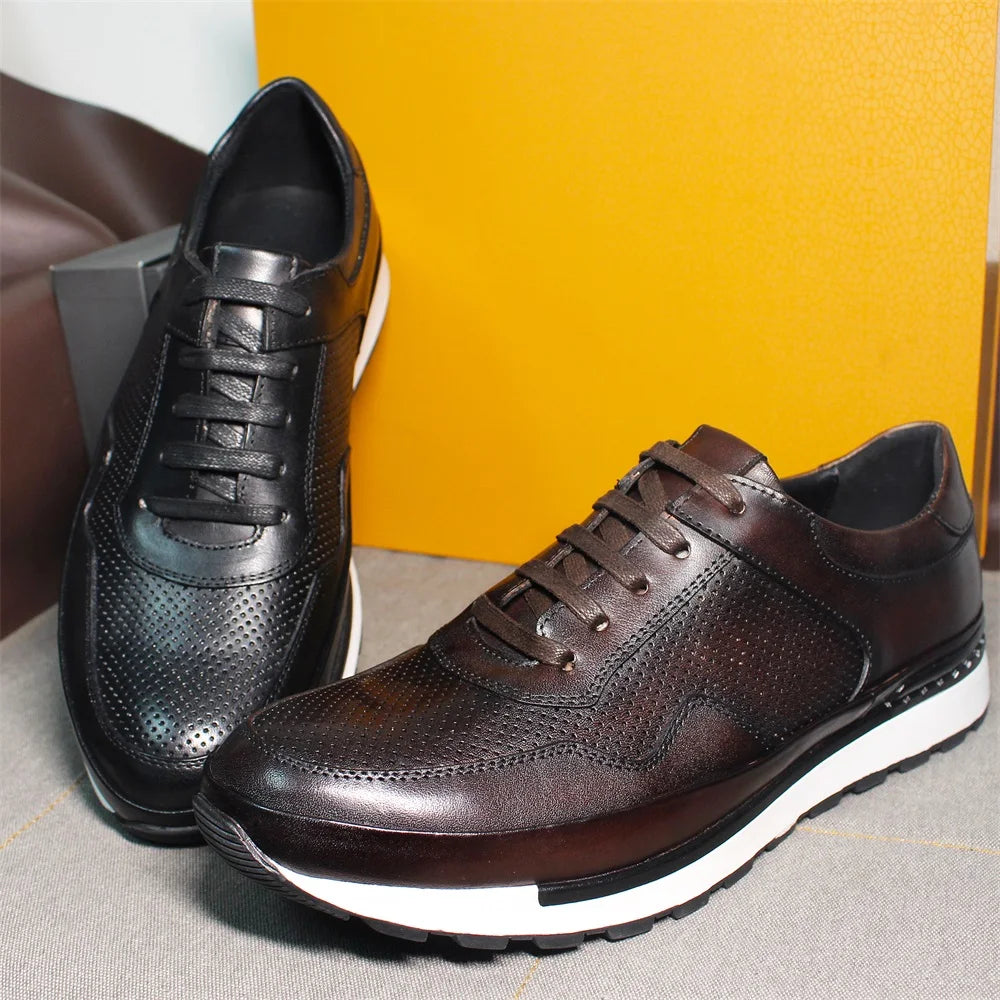 Men's Casual Leather Skateboarding Shoes | Sophisticated Genuine Leather Panel Detail | Elegant "Top Quality" Printed Walking Shoes | "Dignified" All-Season Rubber Sole Oxfords for Radiant Versatile Styling Luxegan