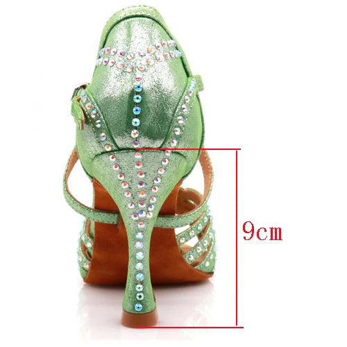 Professional Satin Latin Dance Shoes | Sophisticated 9cm Thin High Heels | Elegant "Bright Rhinestone Silk" Silhouette | "Dignified" Soft Bottom Ballroom Shoes for Radiant Versatile Performance Luxegan