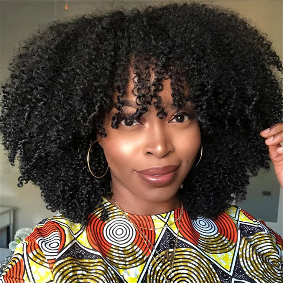 250% Density Afro Curly Short Bob Human Hair Wig with Bangs - Full Machine-Made Glueless Sparkle Curl Wig - 100% Brazilian Remy Human Hair Wear-and-Go Afro Fringe Wig for Black Women Luxgan