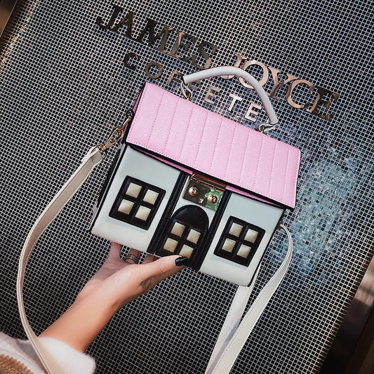 Creative House-Shaped Personality Handbag | Fashion "Little House" Messenger & Crossbody Bag | Unique Patchwork PU Leather Shoulder Purse for Girls & Women Luxegan