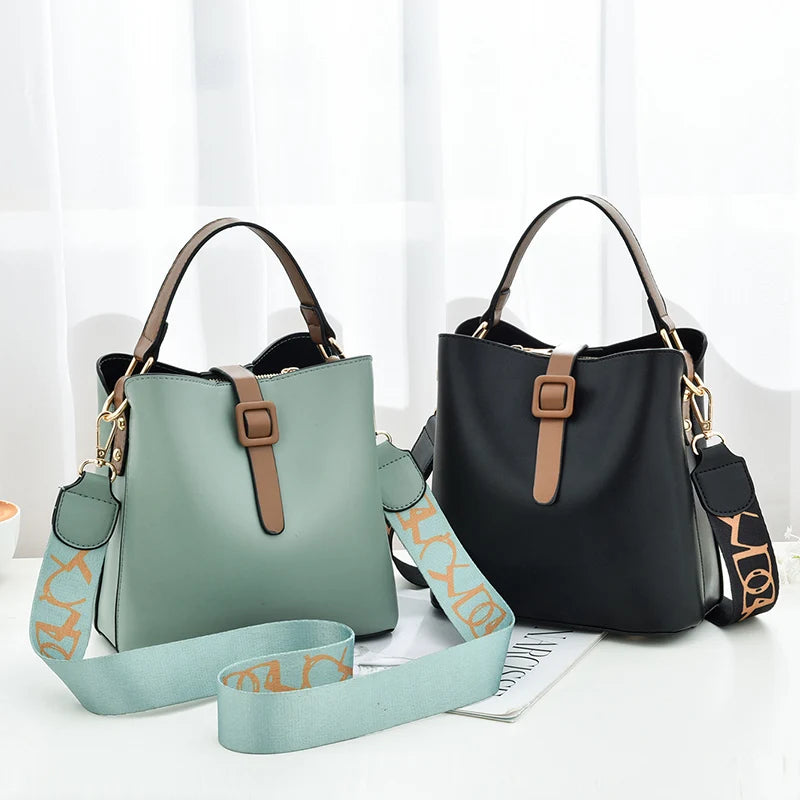 Girls' Fashion PU Leather Bucket Bag | Trendy Foreign Trade Women's Messenger Bag | Wide-Strap Letter Print Shoulder Bag | Versatile Daily Crossbody for All Seasons (Model 14289) Luxegan