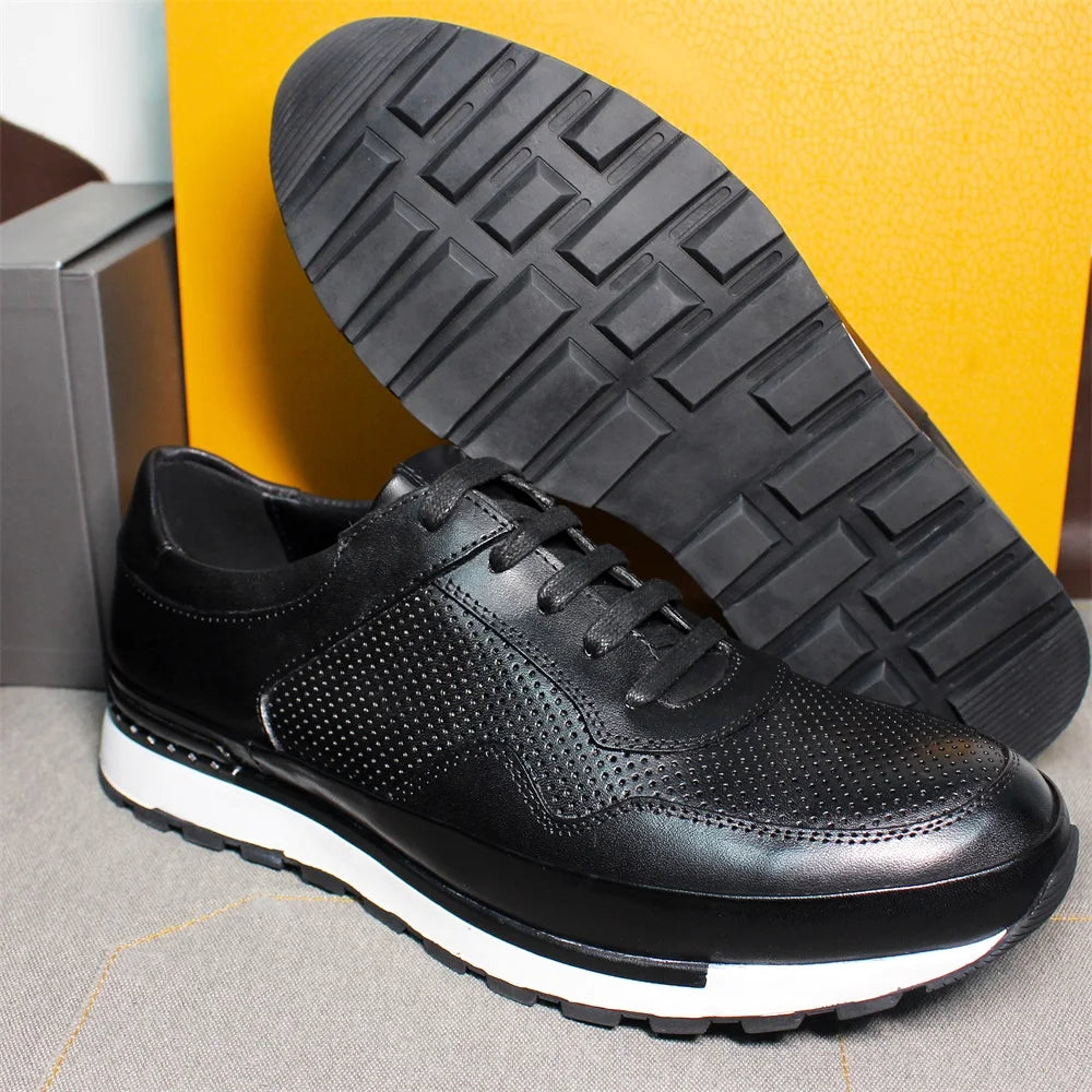 Men's Casual Leather Skateboarding Shoes | Sophisticated Genuine Leather Panel Detail | Elegant "Top Quality" Printed Walking Shoes | "Dignified" All-Season Rubber Sole Oxfords for Radiant Versatile Styling Luxegan