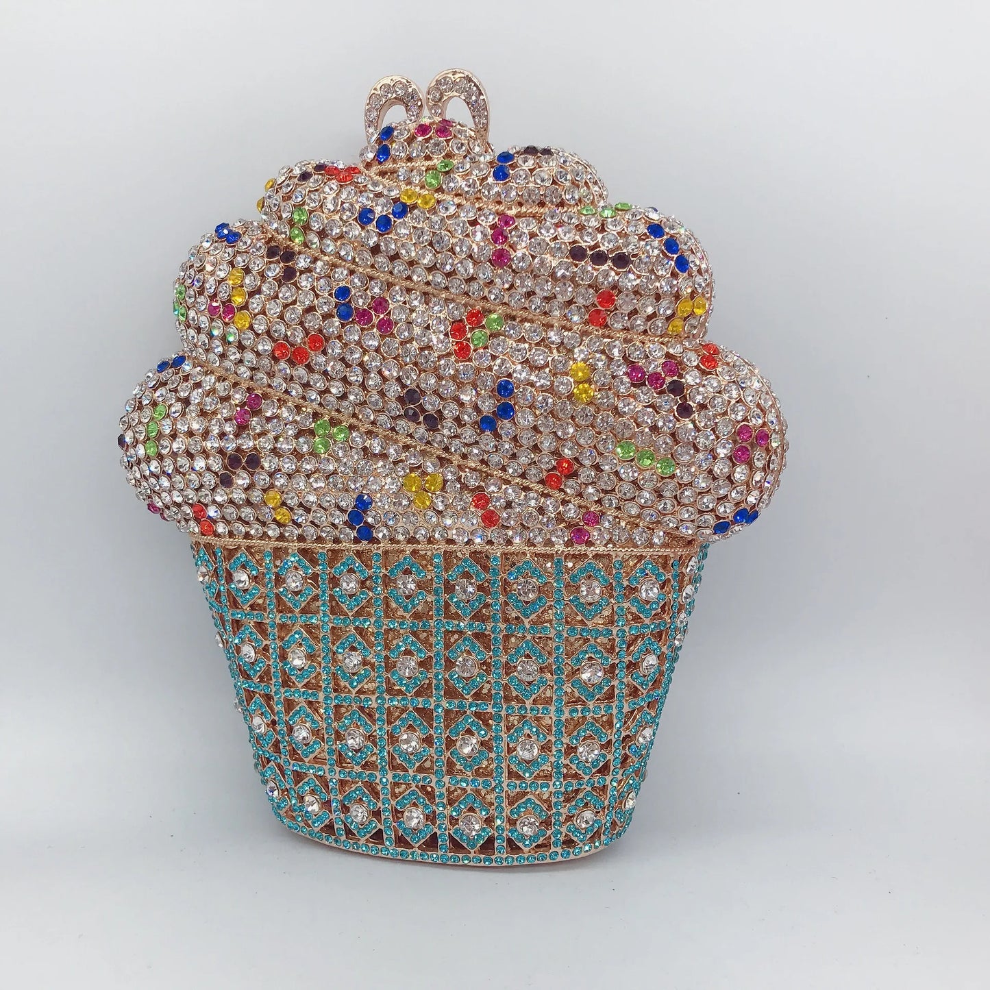 Luxury Crystal Ice Cream Evening Clutch | Sophisticated Diamond-Encrusted Cupcake Bag | Elegant Gold & Silver Wedding Party Prom Purse | "Dignified" Bespoke Handbag with Chain Strap Luxegan