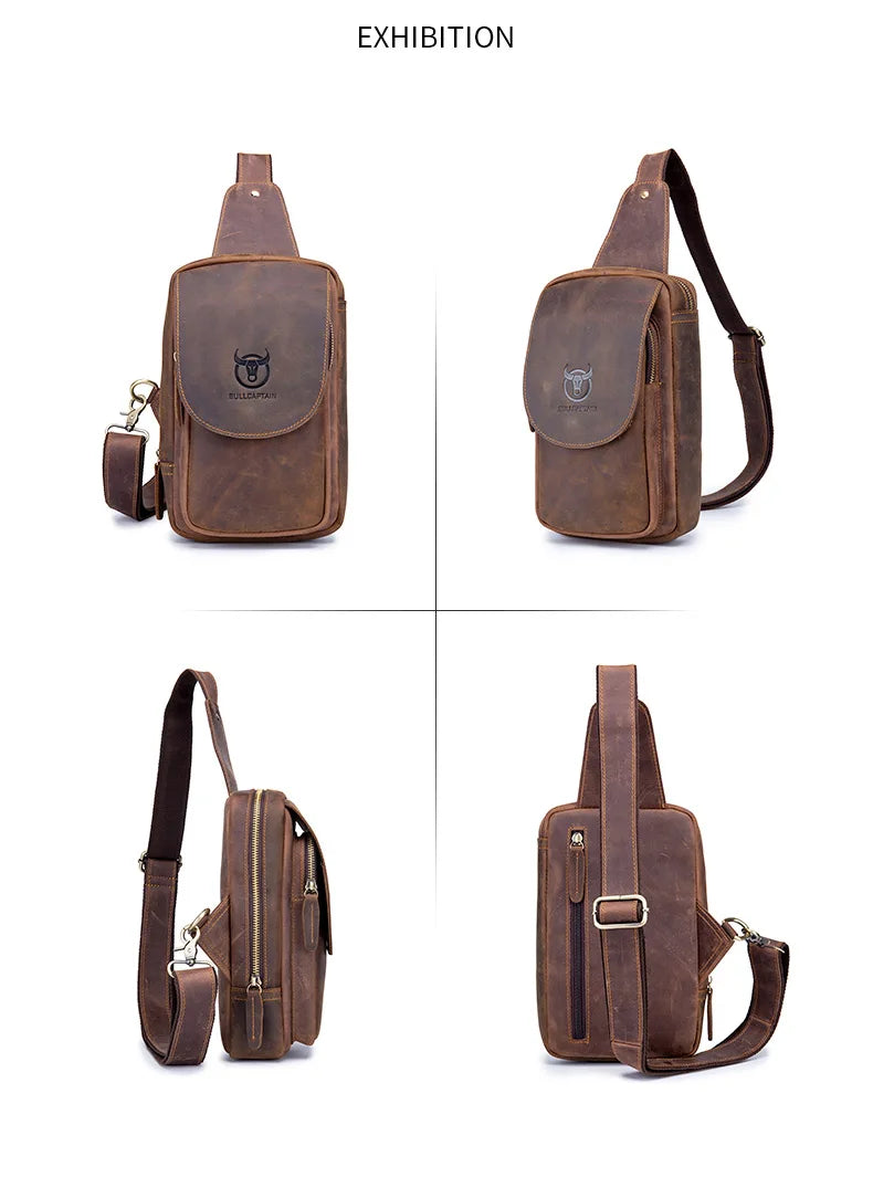 BULLCAPTAIN Bolsos cruzados para hombre de cuero Crazy Horse, bolso de pecho de cuero, bolsos cruzados retro para hombre con bolsillo de cremallera, bolso de viaje corto