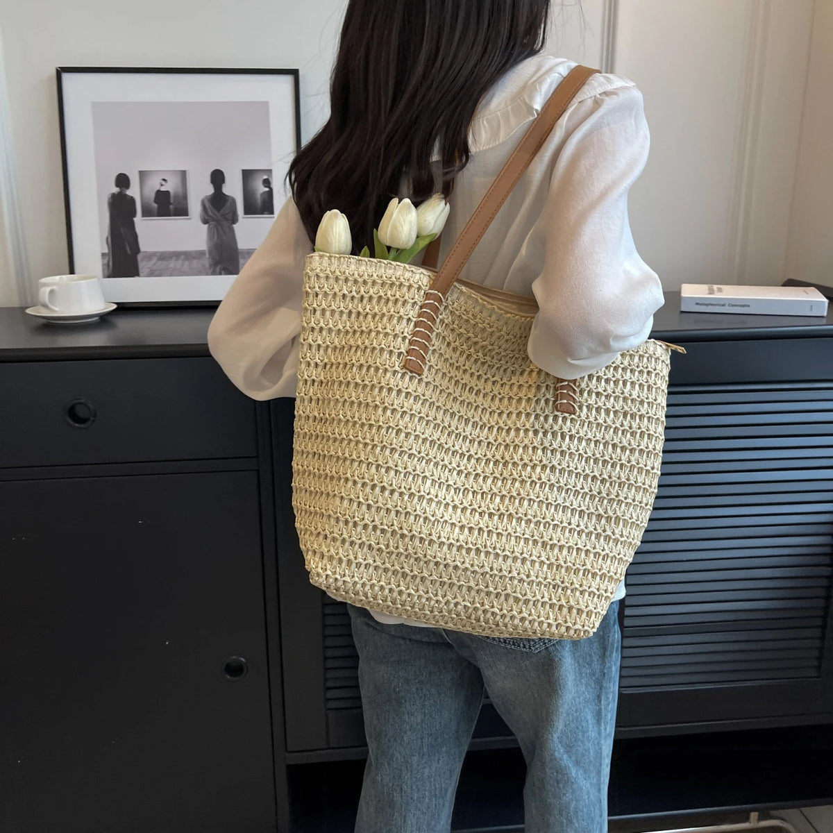 Handmade Natural Rattan Woven Tote | Summer Straw Beach Handbag | Portable 7-Inch Fashion Shoulder Bag | Minimalist Weave Purse for Travel & Outdoor (Model 2343) Luxegan