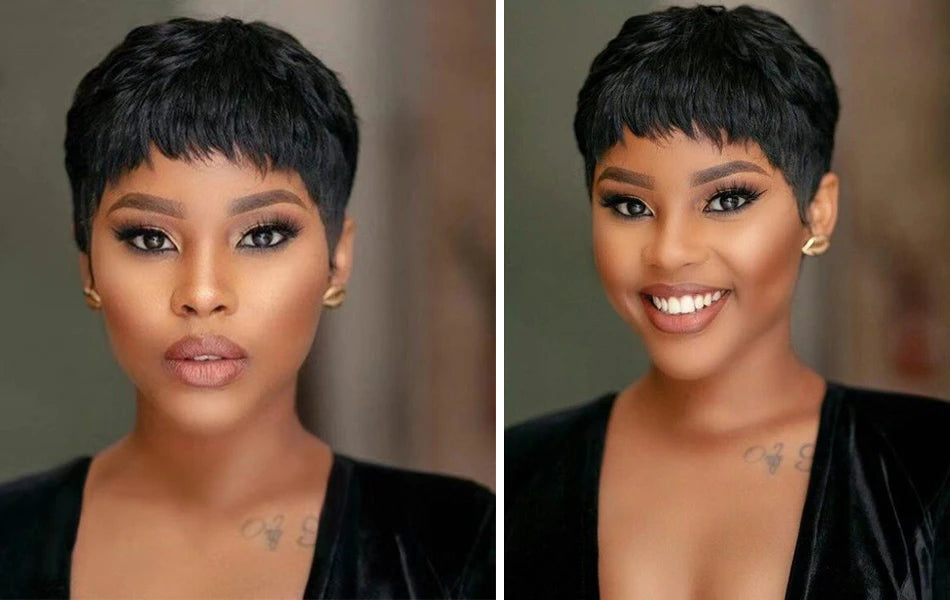 Silky Straight Short Bob Pixie Cut Wig with Bangs - Full Machine-Made Glueless Human Hair Wig - 100% Brazilian Remy Human Hair Natural Color Fringe Wig for Women (Short Length) Luxegan