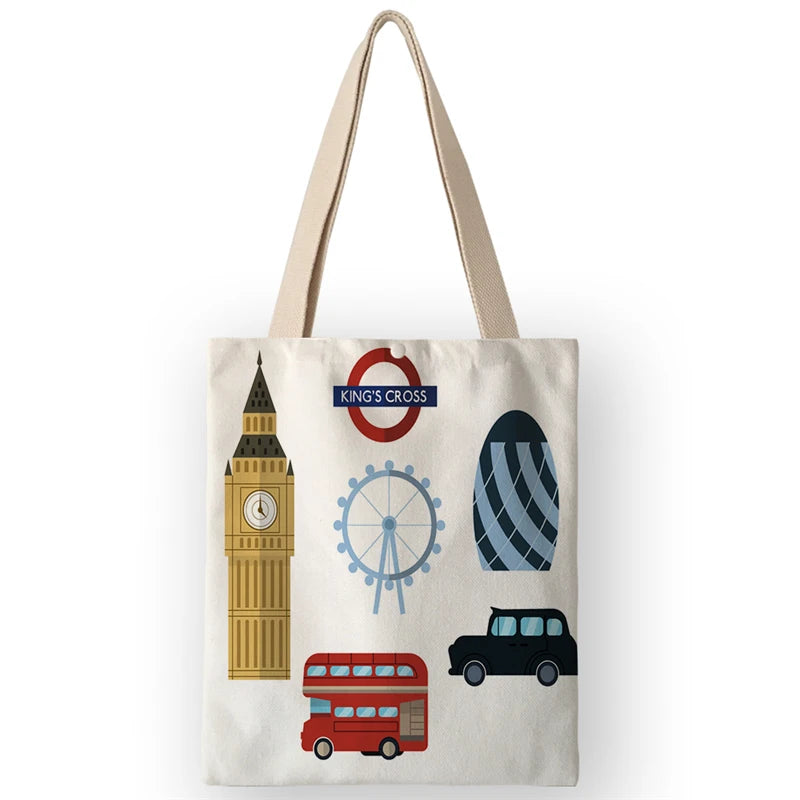 Vintage British Style Women's Canvas Shoulder Bags | Cartoon London Prints Shopping Handbags Totes Travel Luxegan