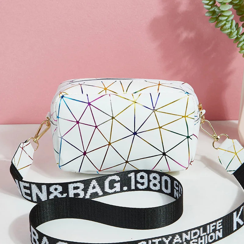 Fashion Laser Shoulder Messenger Bag | Sophisticated PU Leather Small Square Crossbody | Trendy New Laser Satchel with Letter Decoration | Elegant Geometric Pattern Shoulder Bag for Women Luxegan