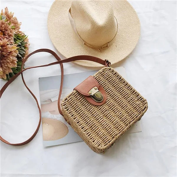 Bohemian Straw Flap Crossbody Bag | Sophisticated Small Knitting Summer Purse | Elegant Vacational Beach Handbag | "Dignified" Hard-Shell Square Bag for Versatile Seasonal Styling Luxegan