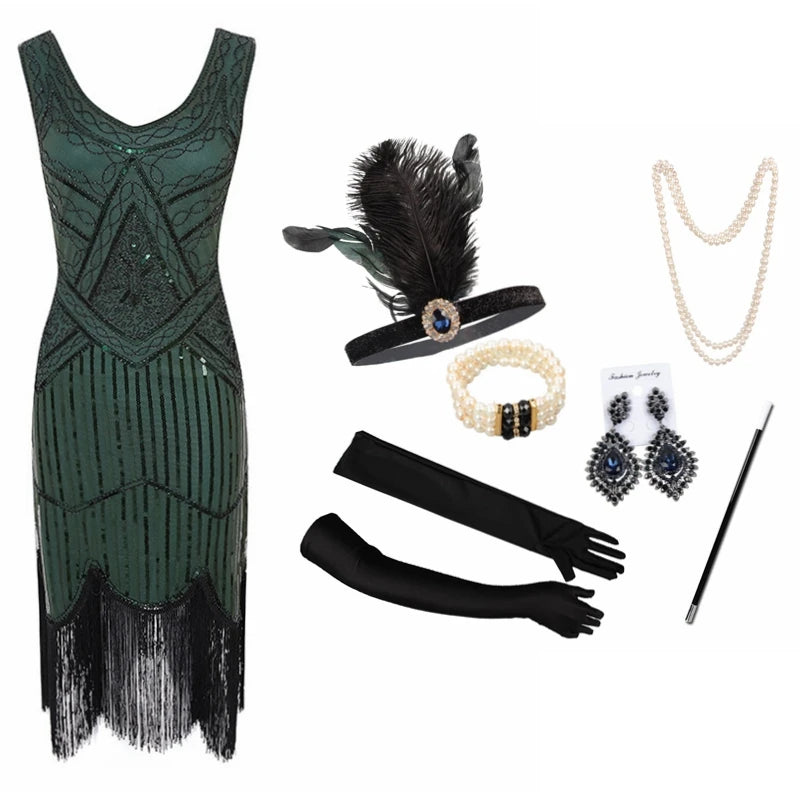 Vintage Sequin Full Fringed Flapper Dress | Roaring 20s Great Gatsby Party Gown | Plus Size XS-4XL Summer Knit Knee-Length Dress