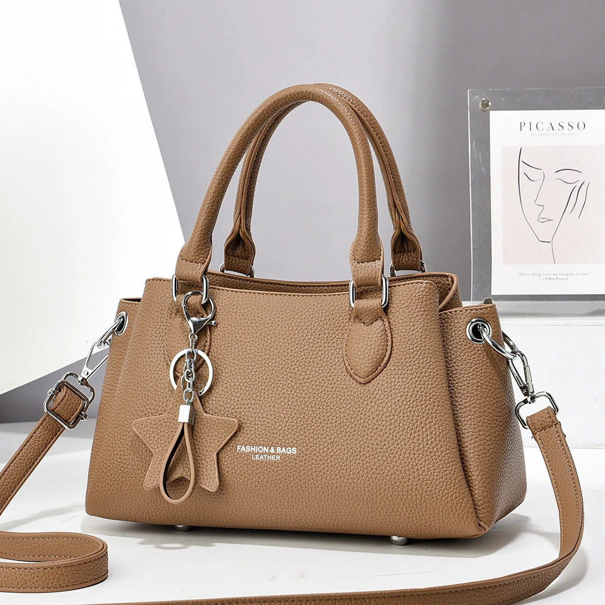 New Ladies Luxury PU Leather Tote | Korean Style Designer Shoulder Bag | Trendy Fashion Crossbody with Chain Decoration | Versatile Daily & Travel Handbag (Model A91608)