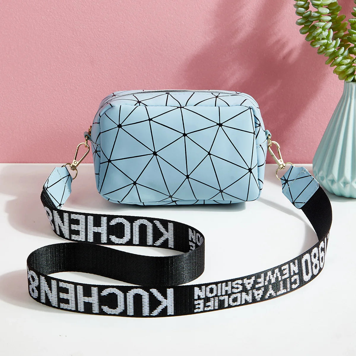 Fashion Laser Shoulder Messenger Bag | Sophisticated PU Leather Small Square Crossbody | Trendy New Laser Satchel with Letter Decoration | Elegant Geometric Pattern Shoulder Bag for Women Luxegan