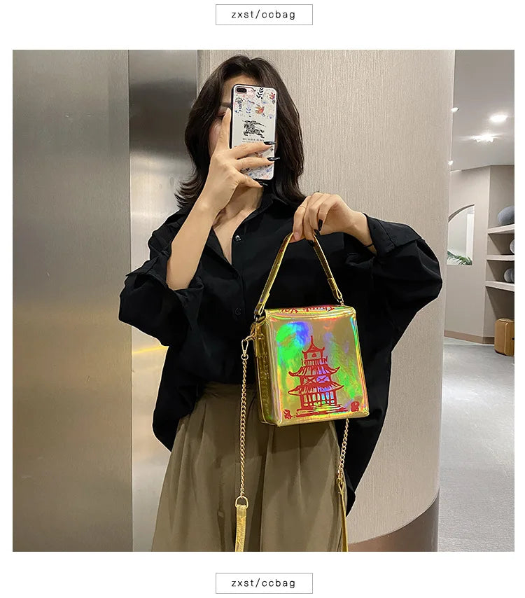 Takeout Box Inspired PU Leather Purse | Fashionable Women’s Crossbody Bucket Bag | Creative Shoulder Chain Bag with Cartoon Printing | Unique Landscape Pattern Square Handbag Luxegan