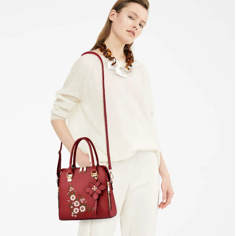 Luxury PU Leather Embroidered Tote | Tassel Crossbody & Handle Bag Luxegan