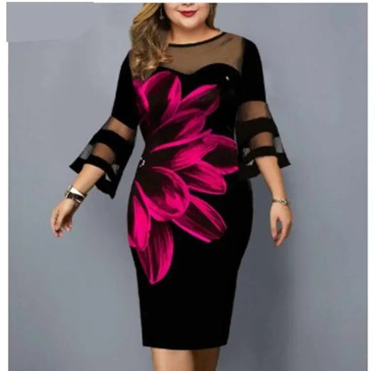 Elegant Plus Size 5XL Mesh Patchwork Party Dress | Vintage Floral Printed O-Neck Ladies Vestidos | Casual Cotton Knee-Length Summer Sheath Dress with Three-Quarter Sleeves Luxegan