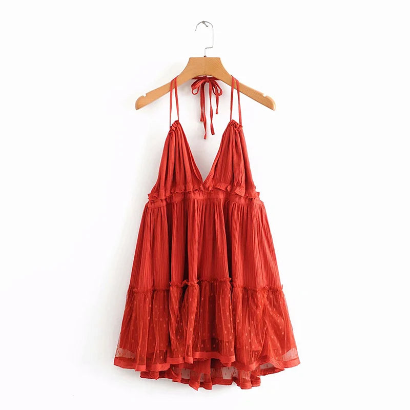 Solid Casual Lace-Detailed V-Neck Spaghetti Strap Sleeveless Regular Fit A-Line Mini Dress – Medium-Stretch Viscose Brocade, Empire Waist, Summer Luxegan