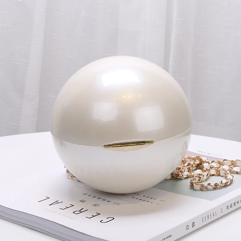 Luxury Round Pearl Handbag for Ladies | Elegant White Evening Clutch Bag | Designer Circular Catwalk Messenger | Chic PVC Beach & Party Shoulder Bag (Model 062) Luxegan