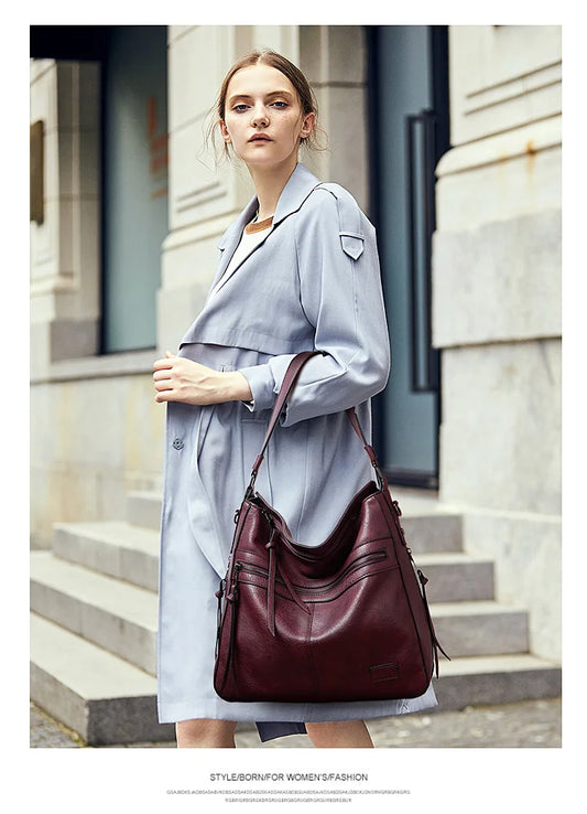 Designer Brand Large Winter Messenger Bag | Women's High-Capacity PU Leather Travel Satchel | Feminine Thread-Pattern Weekend Shoulder Bag (Model HZR-831) Luxegan
