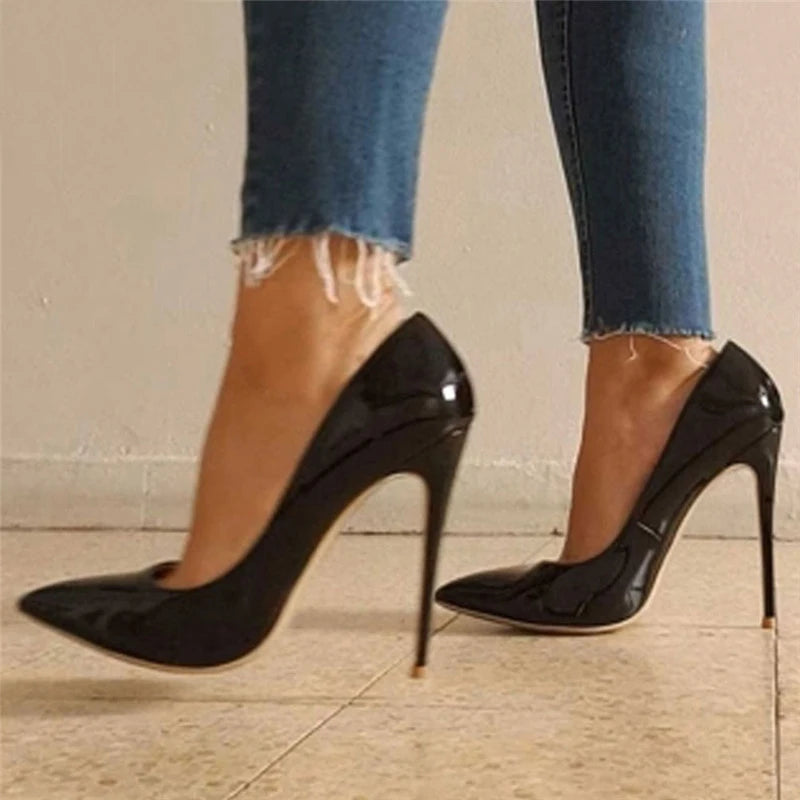 Solid Basic Patent Pointed Toe Stilettos | Sophisticated 8cm/10cm/12cm High Heel Pumps | Elegant "Handmade Patent Leather" Silhouette | "Dignified" Sexy Wedding & Party Shoes for Radiant Versatile Styling Luxegan