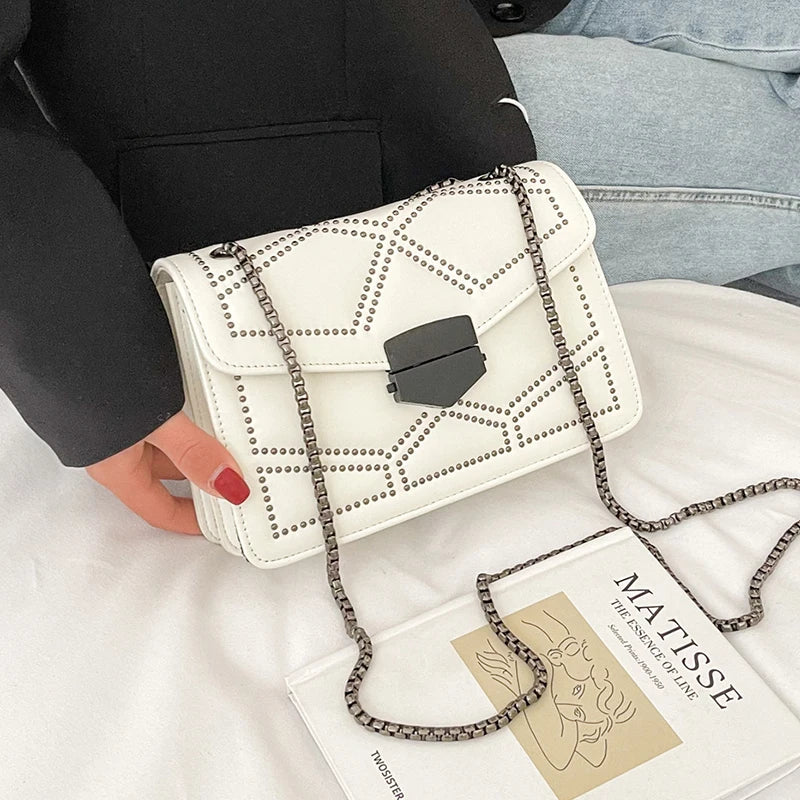 Rivet Chain Small Crossbody Bag for Women | 2022 Luxury Shoulder Messenger Bag (Trendy Lady Handbag with Flap Cover) Luxegan