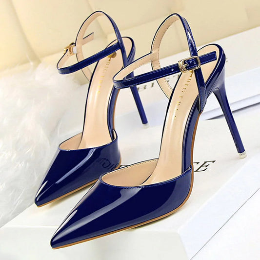 Metallic Patent Leather Stiletto Pumps | Sophisticated Blue & Silver Pointed Toe Heels | Elegant "Super High" Party Sandals | "Dignified" Shallow Mouth Stilettos for Radiant Versatile Styling Luxegan
