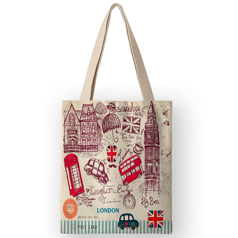 Vintage British Style Women's Canvas Shoulder Bags | Cartoon London Prints Shopping Handbags Totes Travel Luxegan