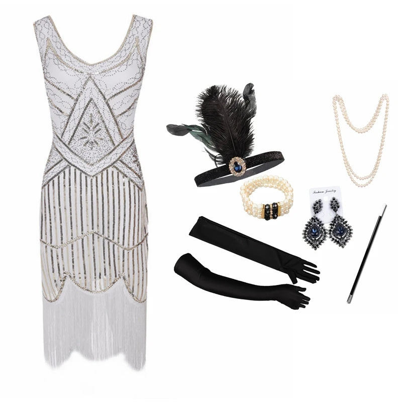 Vintage Sequin Full Fringed Flapper Dress | Roaring 20s Great Gatsby Party Gown | Plus Size XS-4XL Summer Knit Knee-Length Dress
