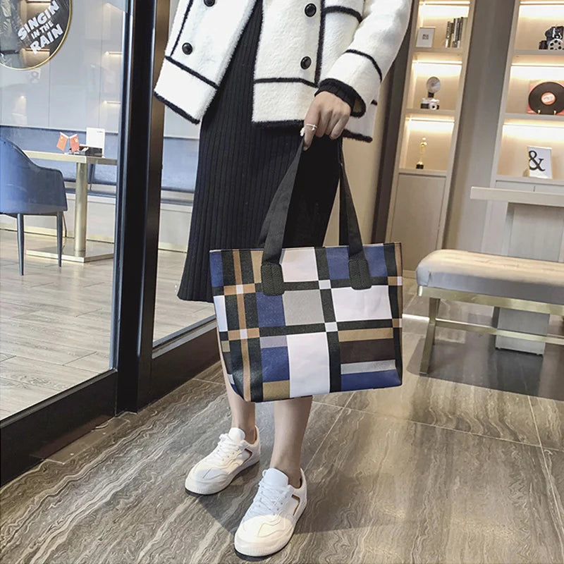 Large Capacity PU Leather Patchwork Tote | Soft Shoulder Shopping Bag Luxegan