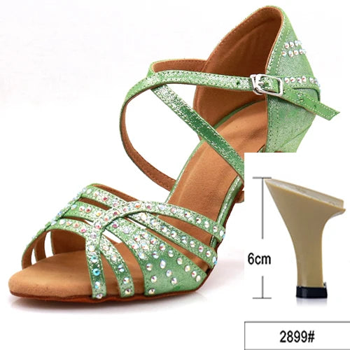 Professional Satin Latin Dance Shoes | Sophisticated 9cm Thin High Heels | Elegant "Bright Rhinestone Silk" Silhouette | "Dignified" Soft Bottom Ballroom Shoes for Radiant Versatile Performance Luxegan