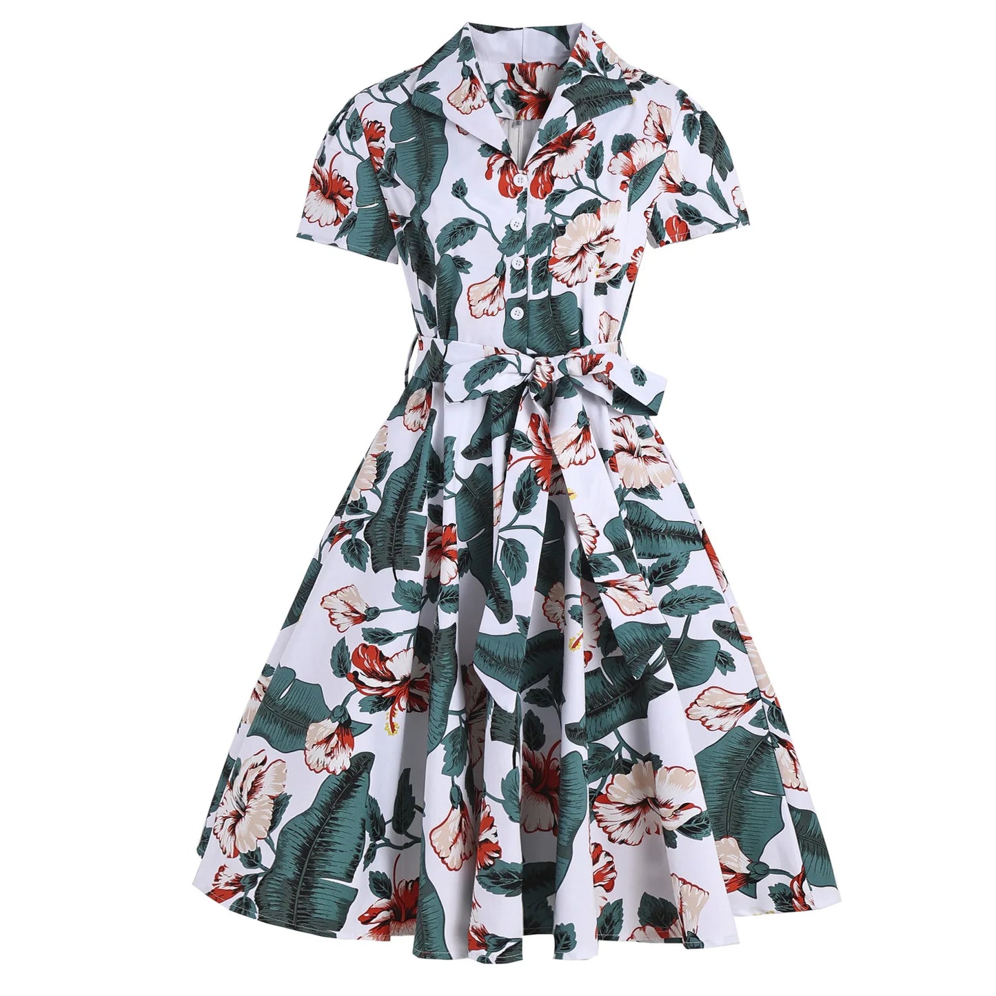Hepburn Style Lemon Printed Vintage Dresses 1950s 60s Office 2025 Turn Down Collar Short Sleeve Tunic A-Line Belted Cotton Dress