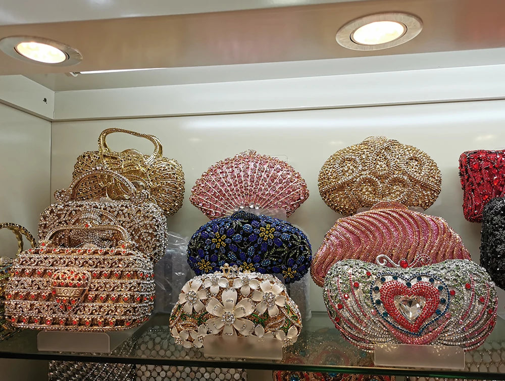 Luxury Diamond Crystal Rose Flower Clutch | Floral Metallic Evening Purse for Weddings & Brides | Sparkling Party Minaudière in Gold, Silver, & AB Diamonds Luxegan