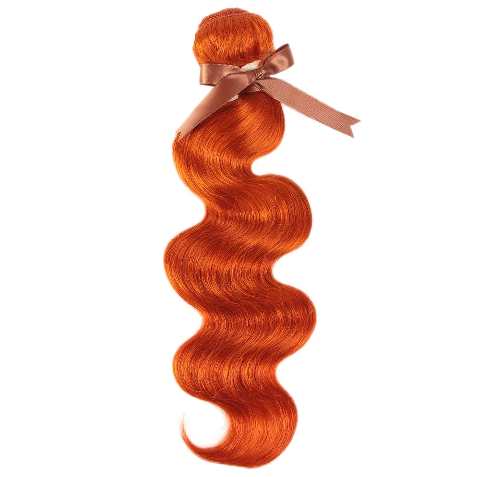 Ginger Orange Brazilian Body Wave Human Hair Bundles with Closure | Vibrant Orange Remy Human Hair 3 Bundles with Matching Lace Closure | Flame Colored Body Wave Extensions Luxegan