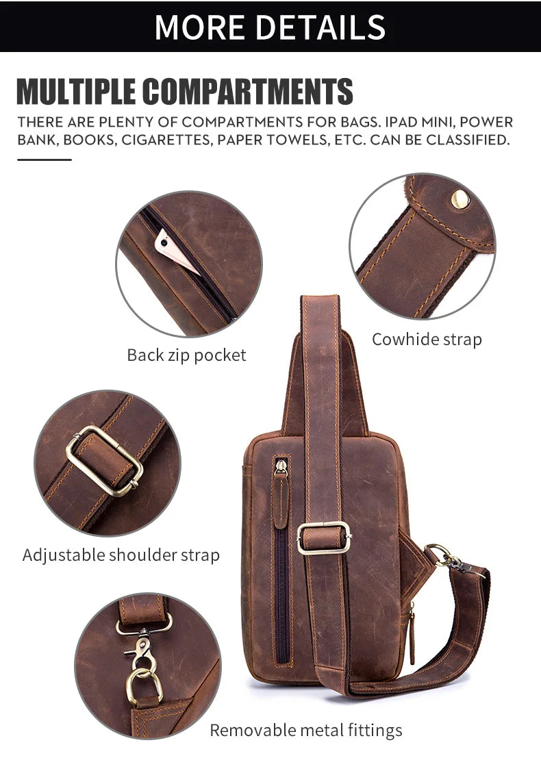 BULLCAPTAIN Bolsos cruzados para hombre de cuero Crazy Horse, bolso de pecho de cuero, bolsos cruzados retro para hombre con bolsillo de cremallera, bolso de viaje corto