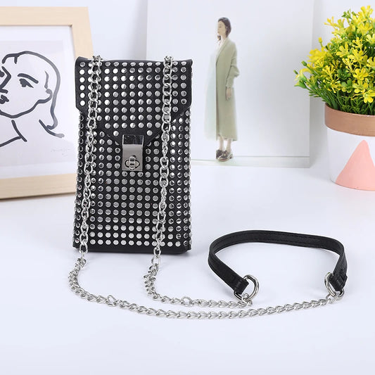 PU Leather Mini Shoulder & Crossbody Bag for Women | Rivet Flap Chain Designer Purse (Retro Phone Bag, Hip-Hop Style) Luxegan