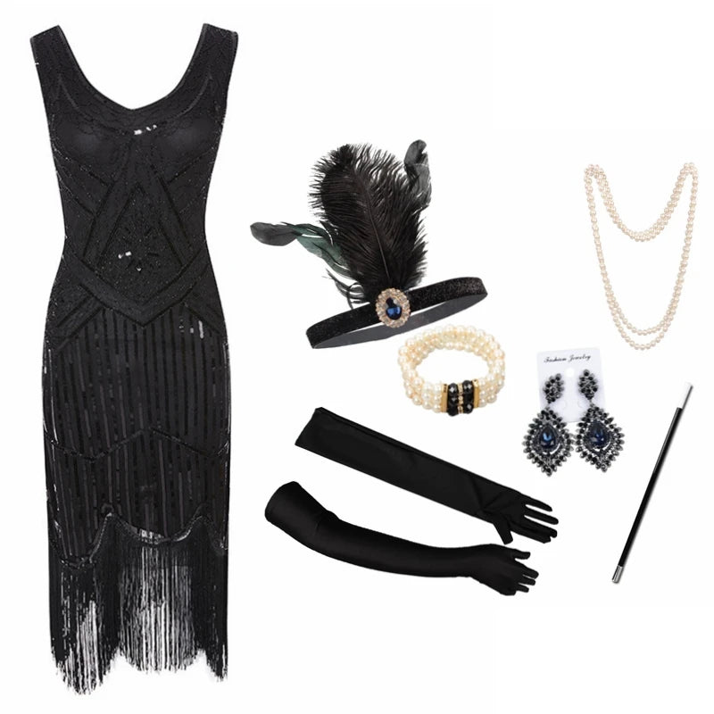 Vintage Sequin Full Fringed Flapper Dress | Roaring 20s Great Gatsby Party Gown | Plus Size XS-4XL Summer Knit Knee-Length Dress