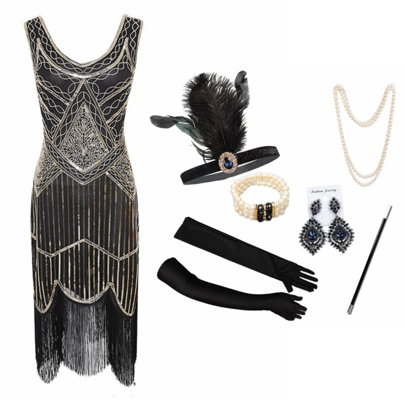 Vintage Sequin Full Fringed Flapper Dress | Roaring 20s Great Gatsby Party Gown | Plus Size XS-4XL Summer Knit Knee-Length Dress