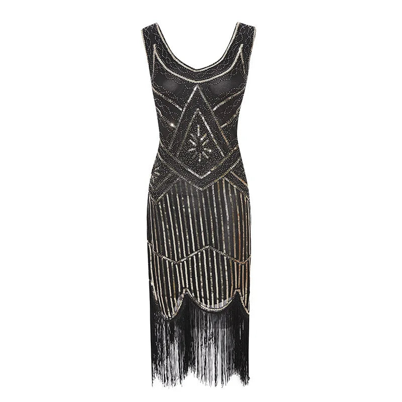 Vintage Sequin Full Fringed Flapper Dress | Roaring 20s Great Gatsby Party Gown | Plus Size XS-4XL Summer Knit Knee-Length Dress
