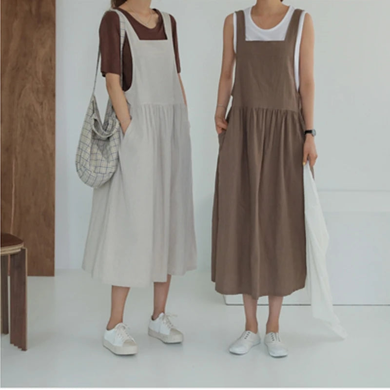 Women's Plus Size Cotton Linen Style Tank Dress | Summer Solid Color Knee-Length Vestido | Casual Square Collar Sleeveless Robe with Pockets | Premium Tatting Regular Fit A-Line Dress Model KE02 Luxegan
